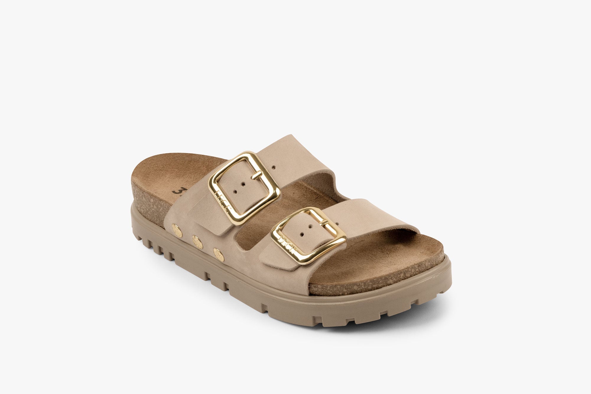 Portofino II by LEON- Women’s Leather Sandal – Double Strap Slide with Cork-style Footbed & Adjustable Buckle
